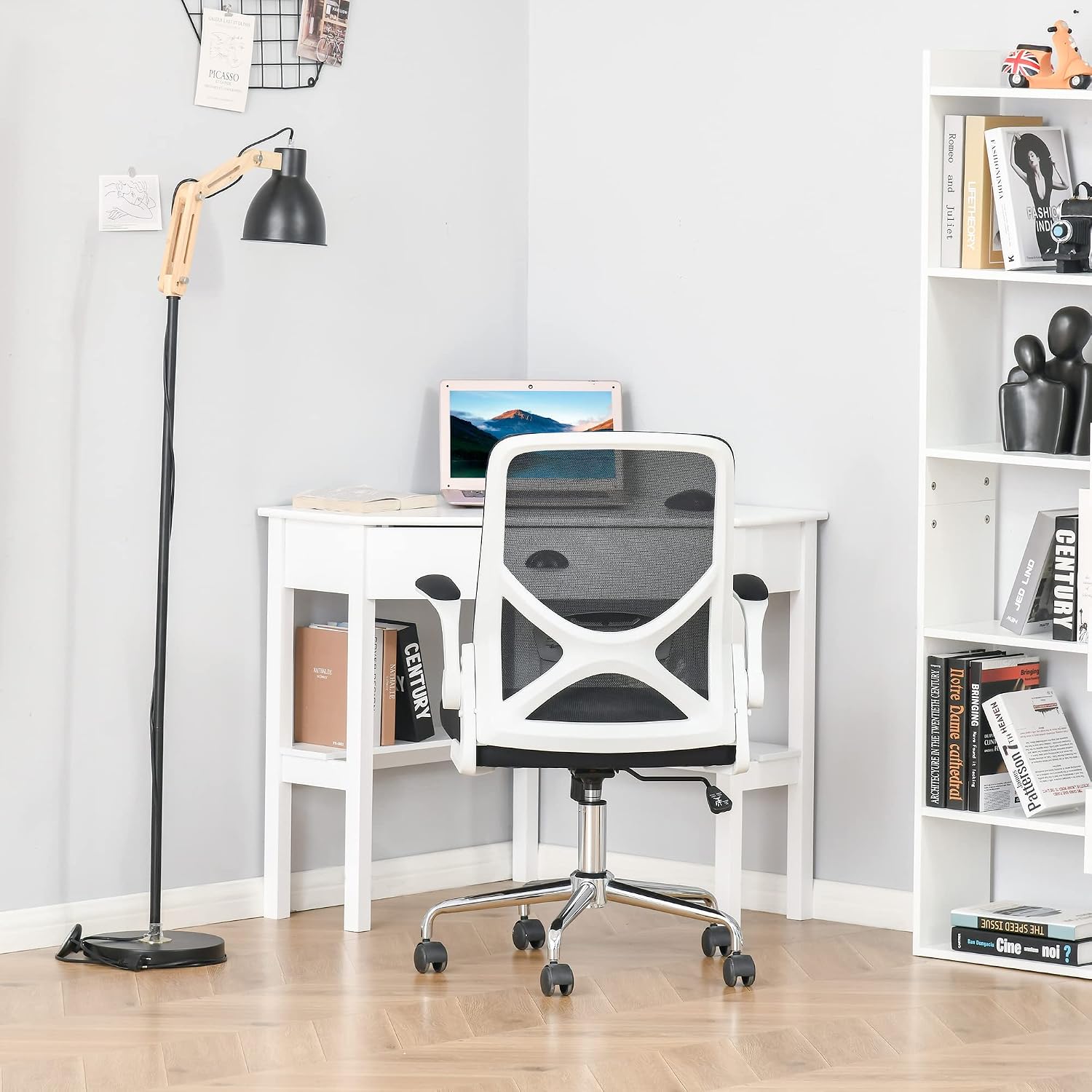 HOMCOM Corner Desk, Triangle Computer Desk with Drawer and Storage Shelves for Small Spaces, Home Office Workstation for Living Room, or Bedroom, White