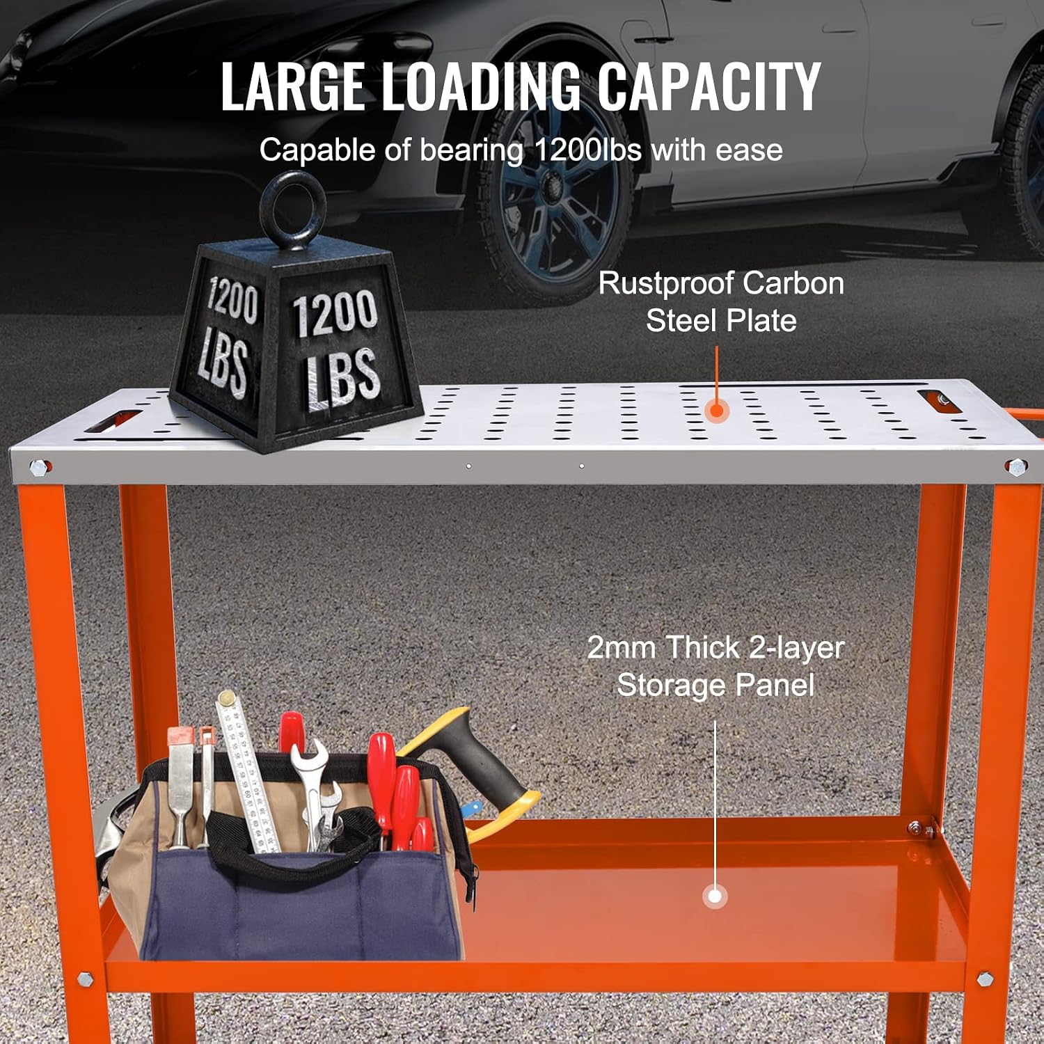 VEVOR Welding Table 36'x18', 1200lbs Load Capacity Steel Welding Workbench Table on Wheels, Portable Work Bench with Braking Lockable Casters, 4 Tool Slots, 5/8-inch Fixture Holes, Tool Tray