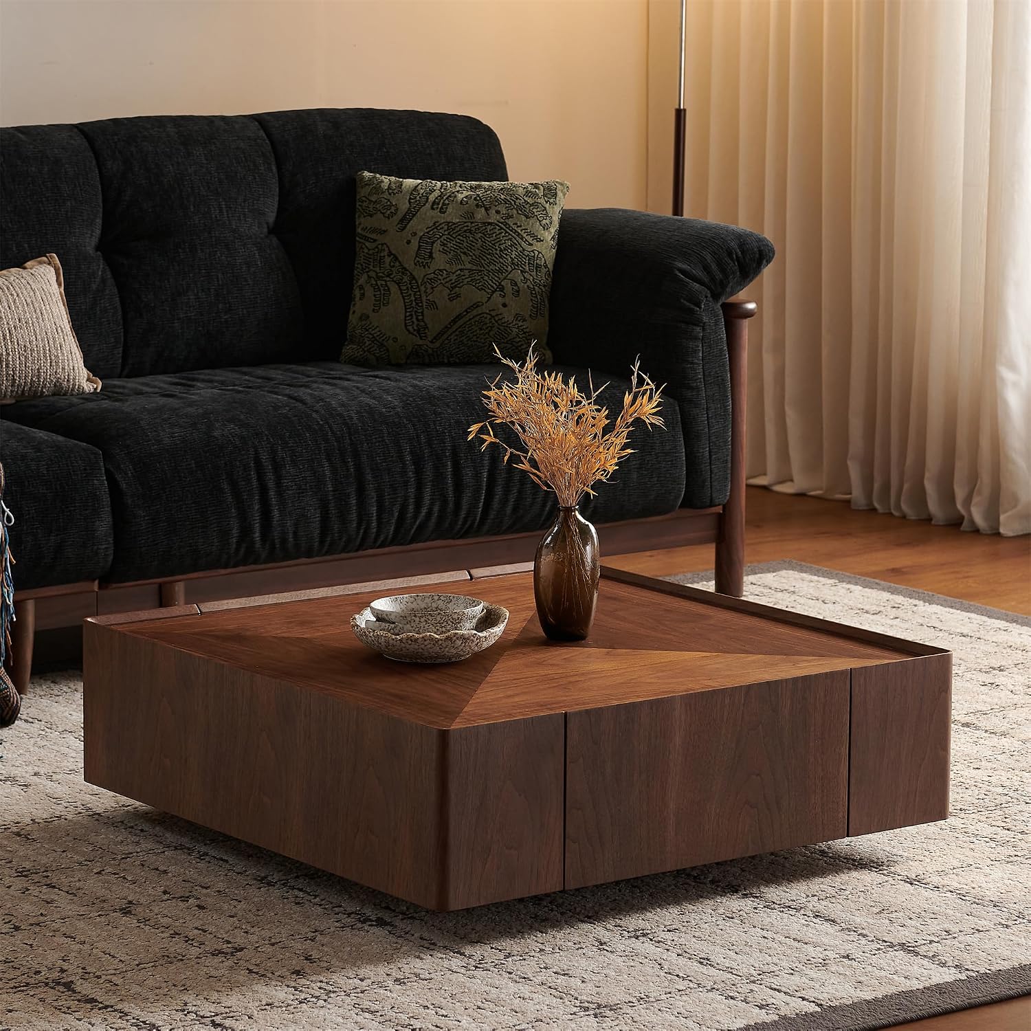 SSLine 35.4-Inch Square Coffee Table with Storage Drawers,Fully Assembled Wooden Coffee Table with Solid Wood Veneered Mid-Century Modern Cocktail Center Tables for Living Room Office,Walnut