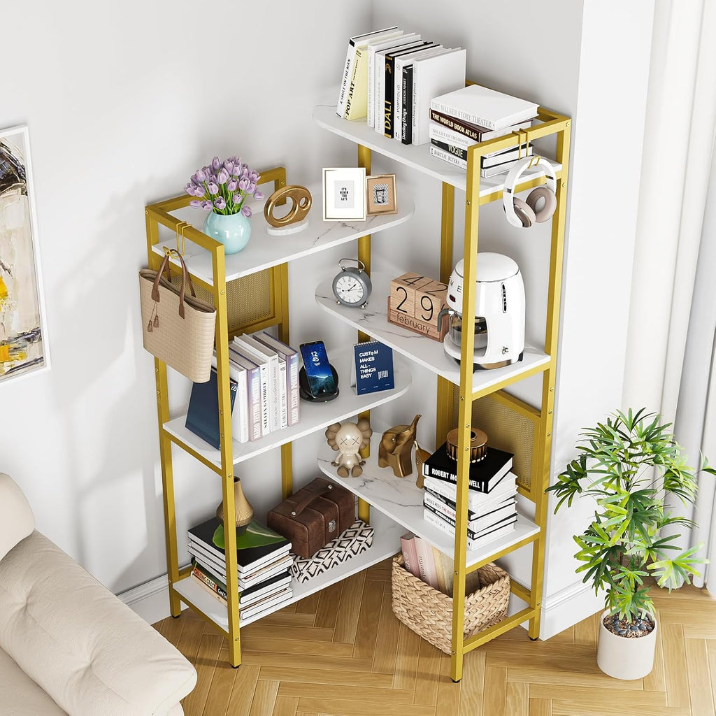 Gezen 6-Tier Ajustable Corner Bookshelf Modern Wood Bookcase for Home Office, Open Standing Shelf with Metal Frame, Wood and Metal Corner Bookcase for Living Room/Study Room/Bedroom(White, Gold)