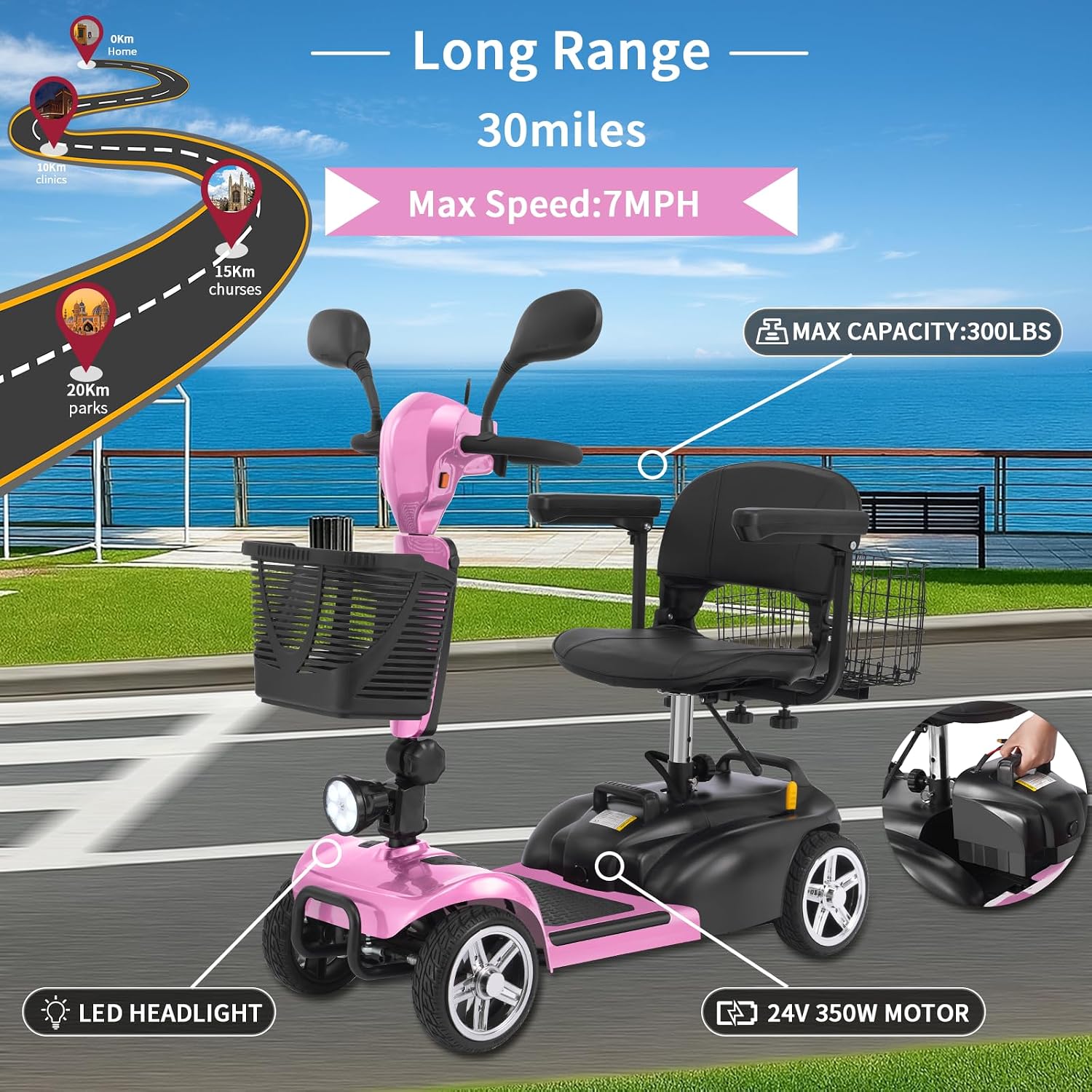 Mobility Scooter for Seniors/Adults,20/35 Miles up to 300lbs Capacity, 4 Wheels Mobility Scooters 350W 7MPH,USB Charging Detachable Lithium Battery with Rear Mirror