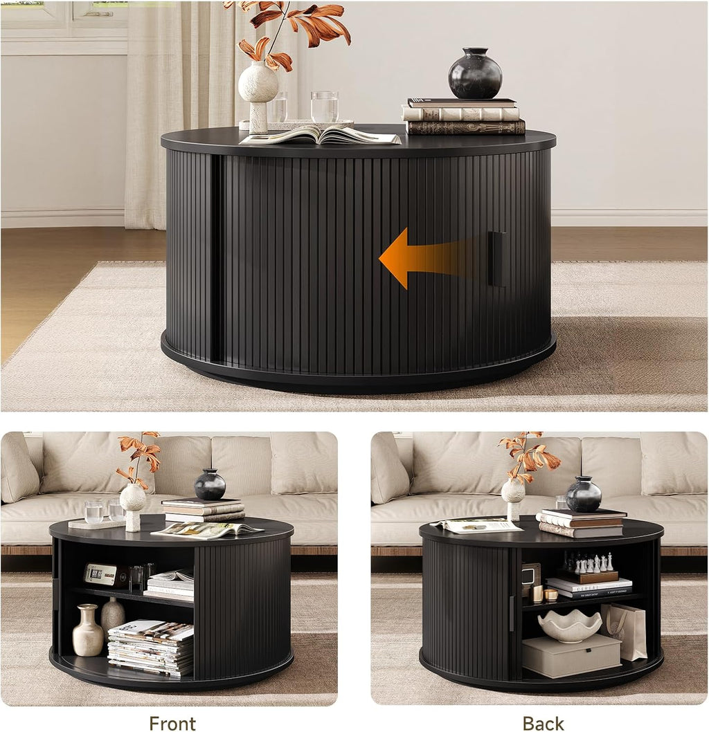 ONBRILL Round Coffee Table with Storage, 31.5' Mid Century Modern Center Table with Sliding Door & Dual Hidden Storage, Fluted Accent Coffee Table for Living Room, Small Space, Black