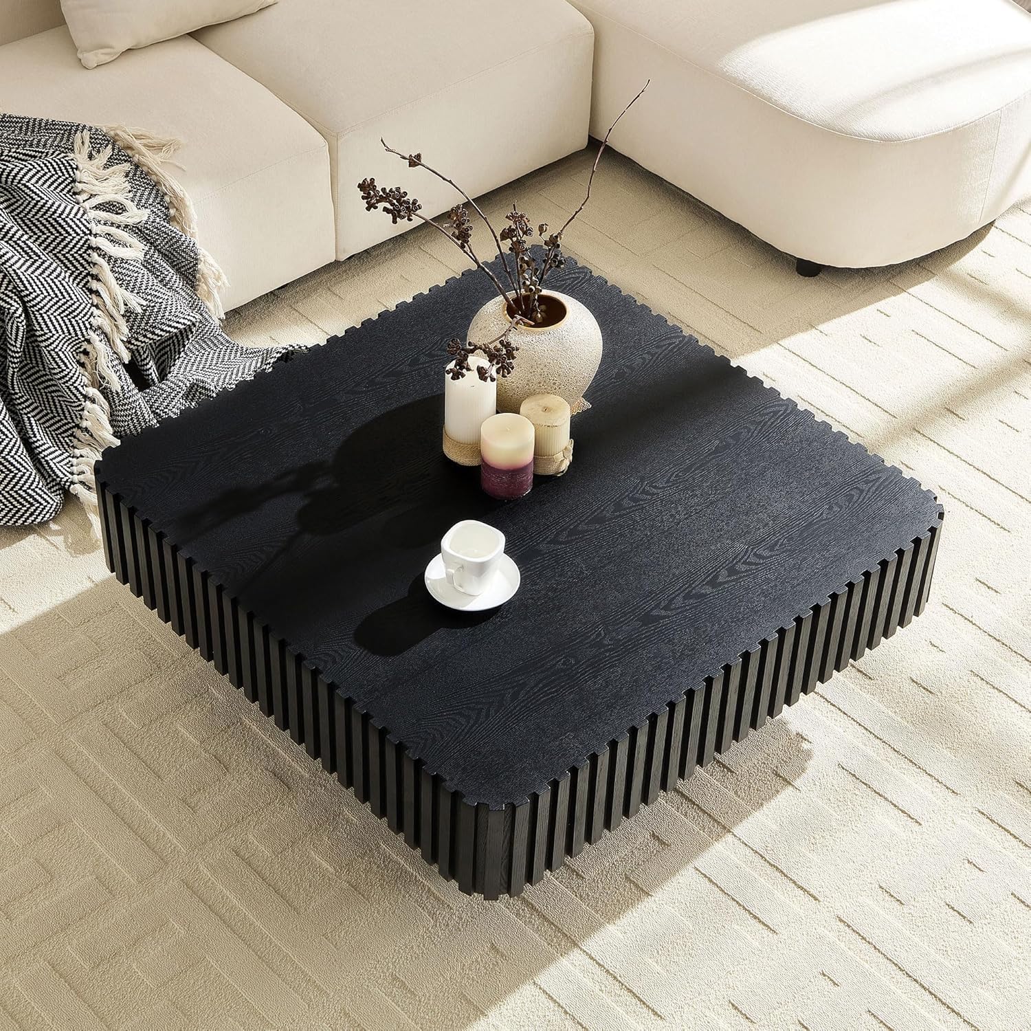 35.43'' Square Coffee Table for Living Room Fluted Coffee Table Modern Center Table with Pedestal for Apartment Black