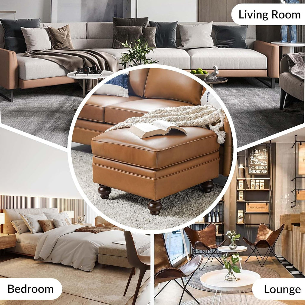 HULALA HOME Genuine Leather Ottoman Coffee Table, Ottoman Foot Rest for Living Room, Camel