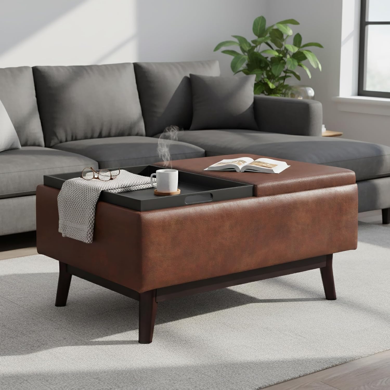 SIMPLIHOME Owen Small Coffee Table Storage Ottoman - 34 inch Wide Upholstered Vegan Leather Rectangle Ottoman in Distressed Pecan Brown, Mid-Century Modern Ottoman for Entryway with Serving Trays