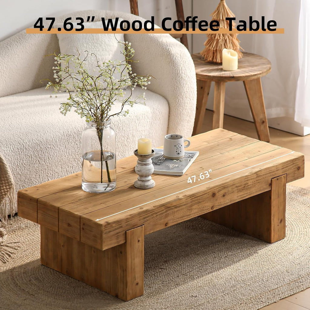 SSLine Solid Wood Coffee Table 47.6-Inch Rectangular Coffee Table for Living Room,Farmhouse Cocktail Center Tables with Thicken Top and Sturdy Legs,Natural Brown