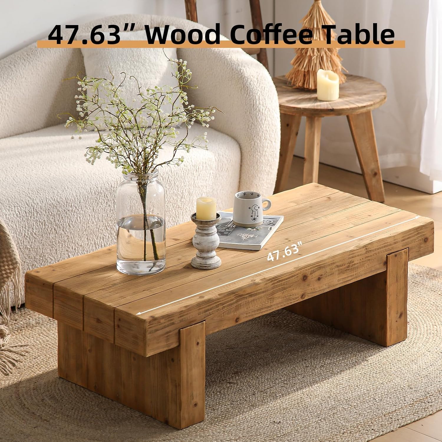Rustic Wooden Coffee Table for Living Room, Mid Century Modern Coffee Table Rectangle Center Table, Farmhouse Solid Wood Tea Table for Office Apartment (47.64''L × 20.87 ''W × 14.17''H)