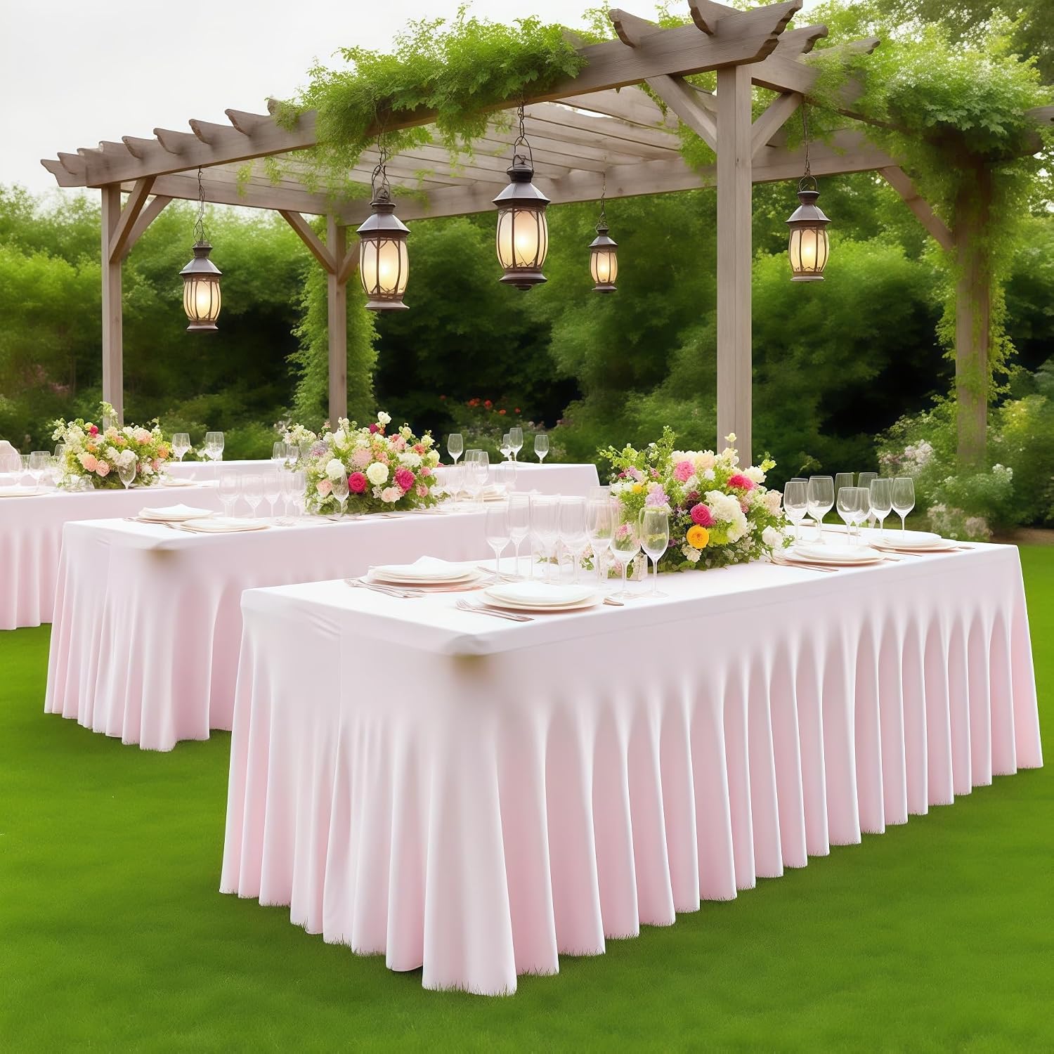 6 Pack Pink Spandex Fitted Tablecloth 8 Foot - Stretch Table Clothes for 8 FT Rectangle Table, Washable Ruffles Elastic for Weddings, Buffet, Banquet, Trade Craft Show, Party Celebration