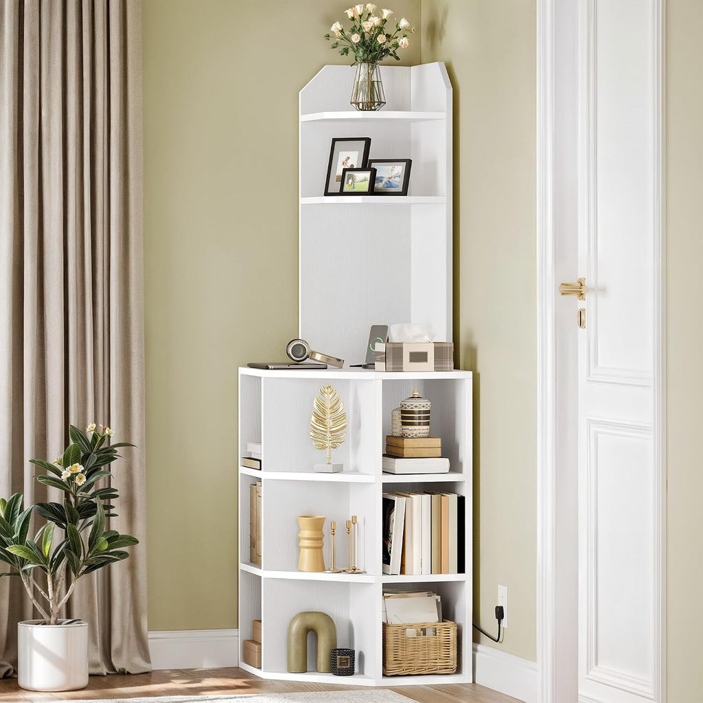 GOOBED Corner Shelf Cabinet, Modern Corner Storage Rack with Charging Station, Wooden Display Bookshelf Bookcase for Living Room, Bedroom, Dining Room, Kitchen, White