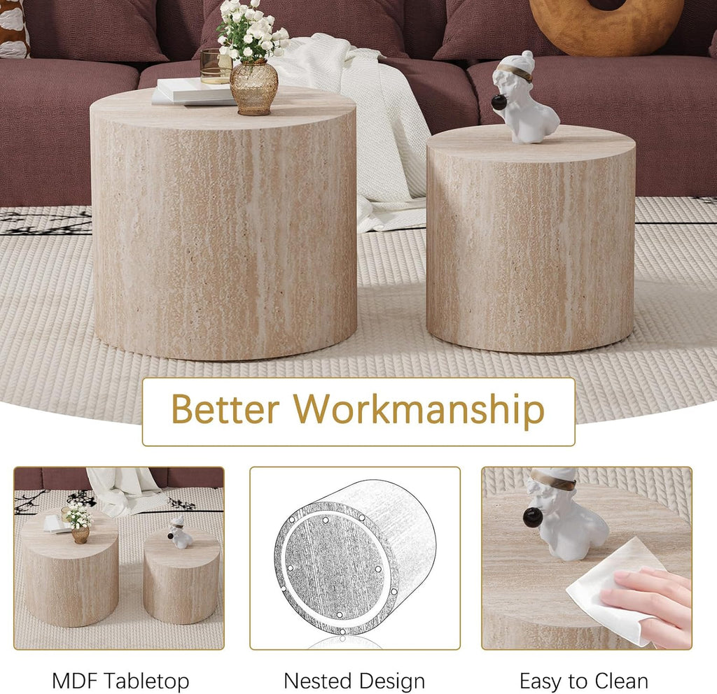 Round Coffee Table Set of 2 Modern Nesting Coffee Tables Wooden Drum Coffee Tables with Non-Slip Feet, Circle Nesting Tables End Table for Living Room Office, No Assembly (Travertine 18.11'+14.57')