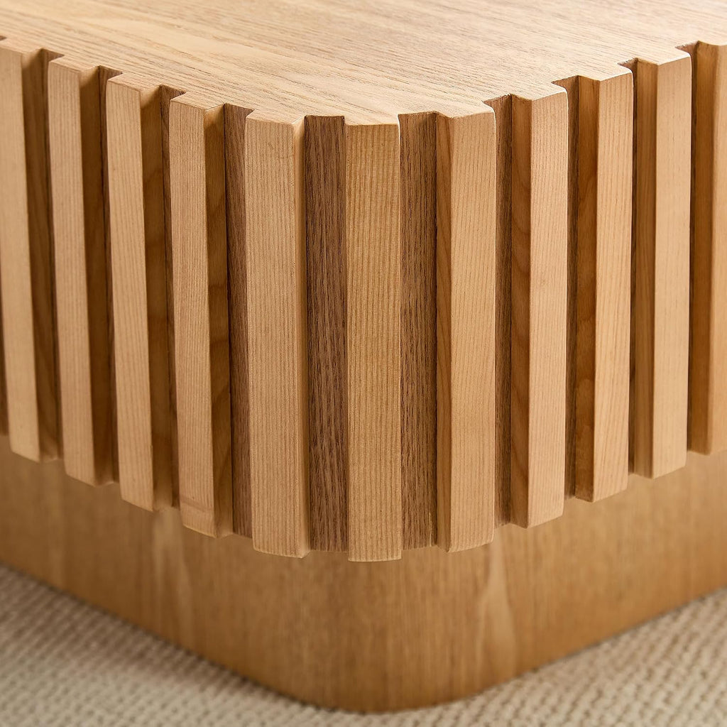 Coffee Table, 35.43' Square Coffee Table Modern Handcraft Fluted Table Accent Wood Center Table for Living Room Apartment, Easy Assembly, Oak