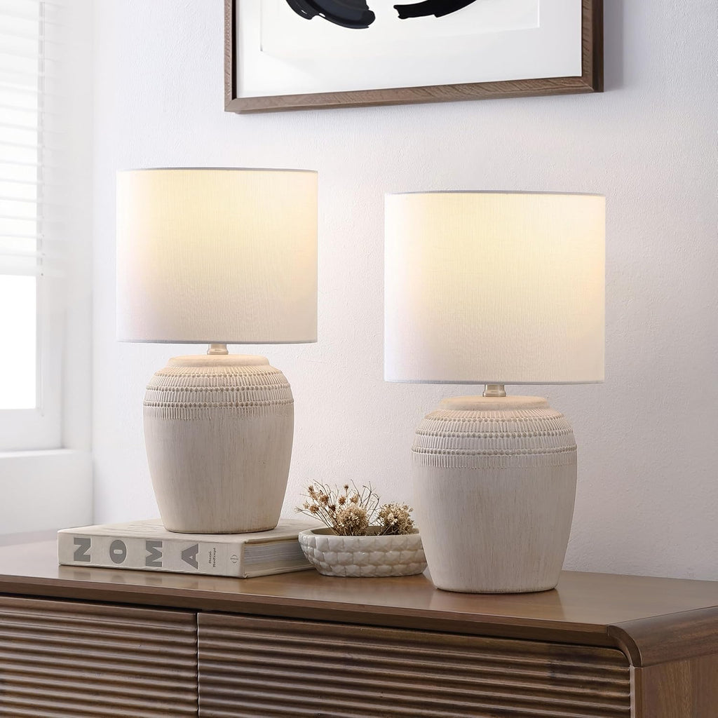 JONATHAN Y 16.75' Antique White/Nickel Ceramic Table Lamp Set of 2, Rustic Traditional Reeded Vase Lamps with White Linen Shade for Bedroom Living Room Decor (JYL5707B-SET2)