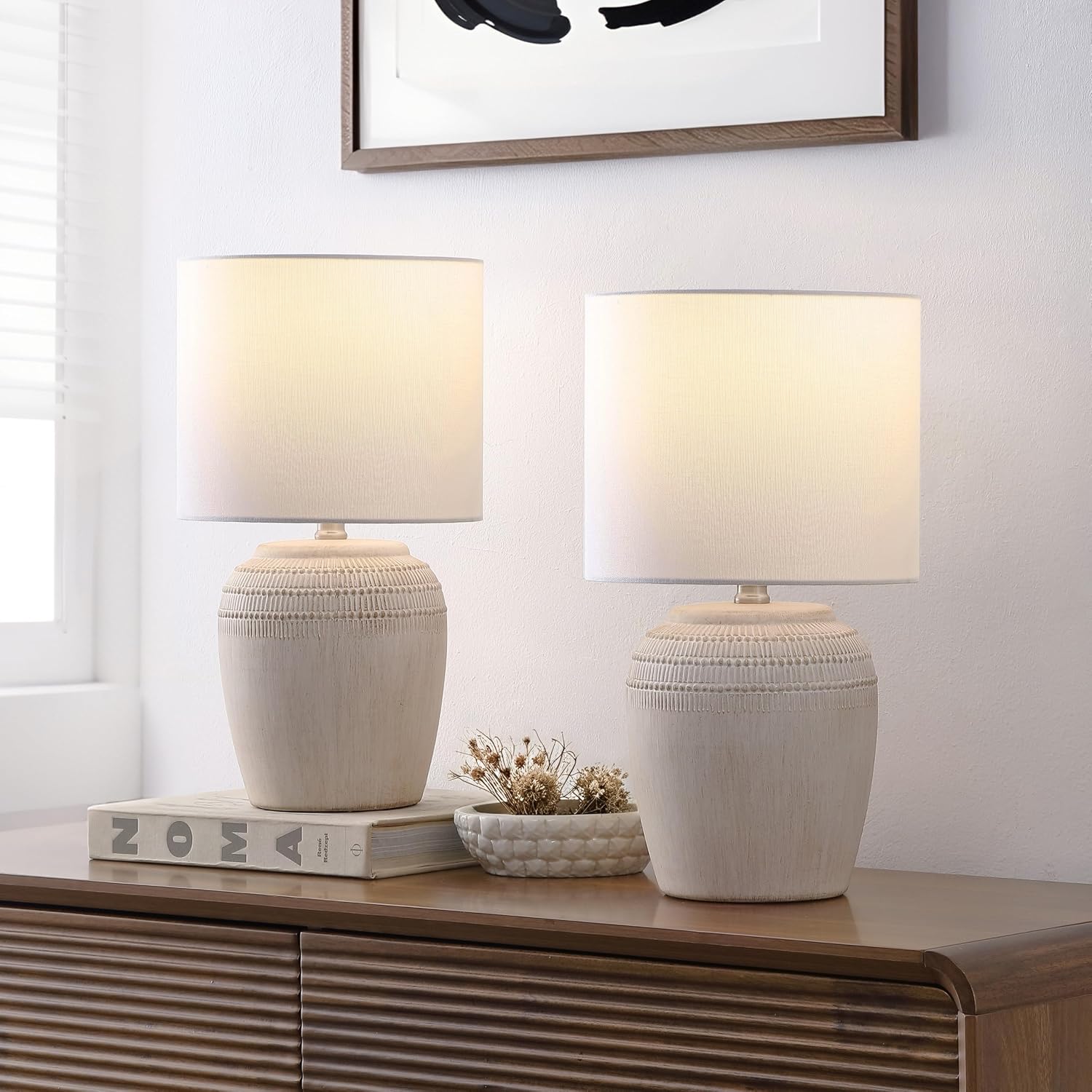 JONATHAN Y 16.75' Antique White/Nickel Ceramic Table Lamp Set of 2, Rustic Traditional Reeded Vase Lamps with White Linen Shade for Bedroom Living Room Decor (JYL5707B-SET2)