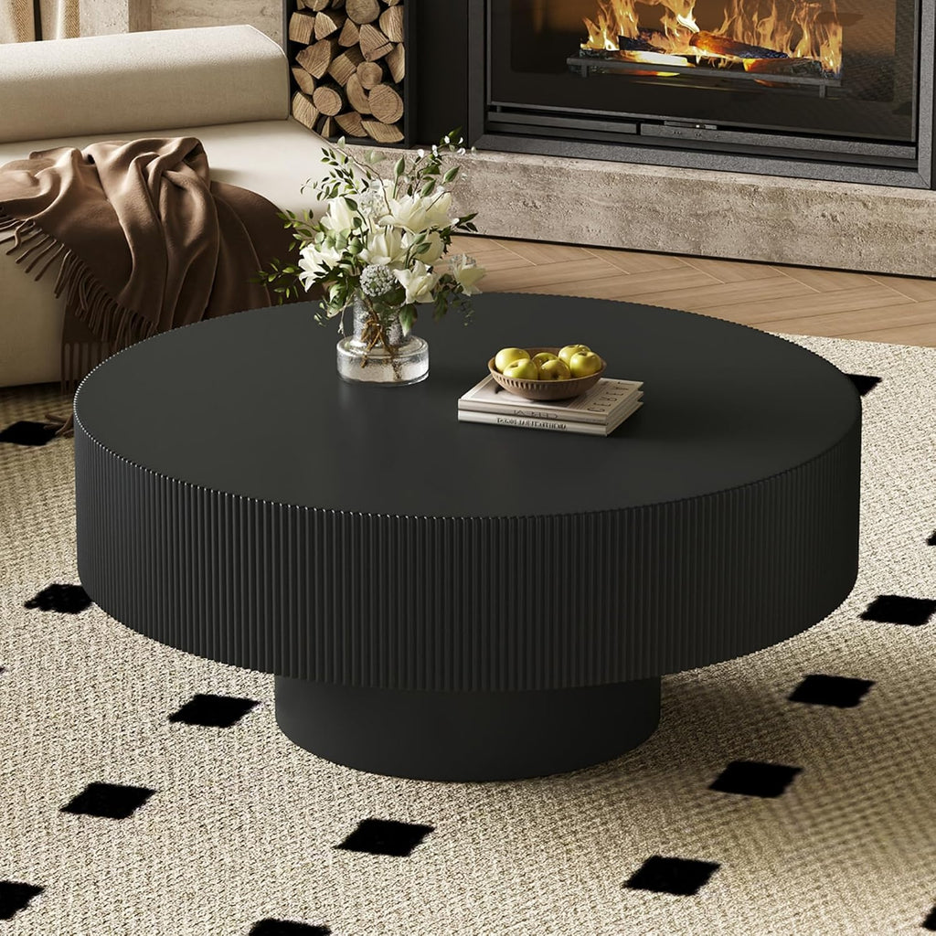LUMISOL Round Fluted Coffee Table for Living Room, 35.4'' Center Table with Thick Tabletop, Wave Design Drum Tea Table with Sturdy Base, Black