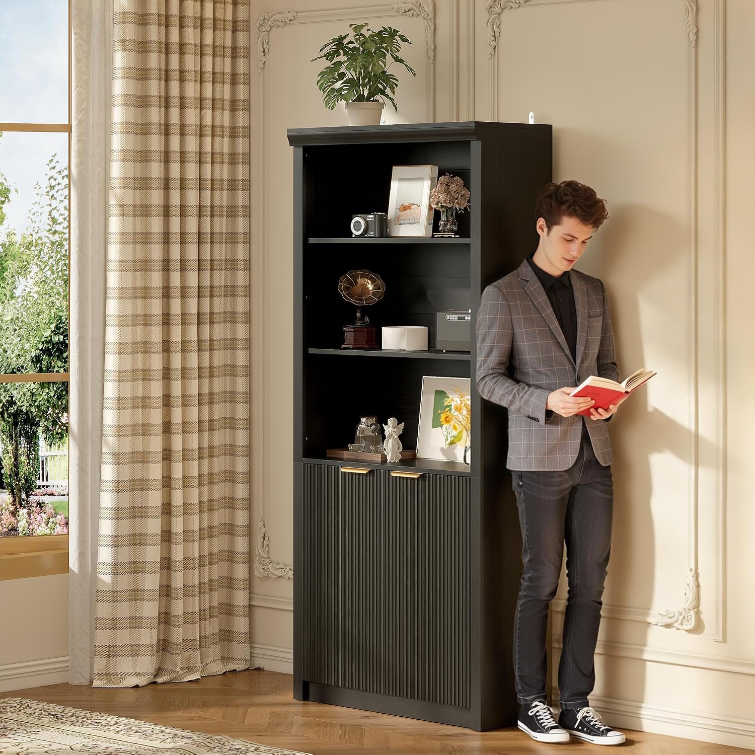 Tall Book Shelf and Bookcase 2 PCS, 31.5' Wide Wooden Bookcase with Doors, Farmhouse Book Case with Large Storage, 5-Shelf Bookcases with Adjustable top Shelve for Home Office, Living Room,Black