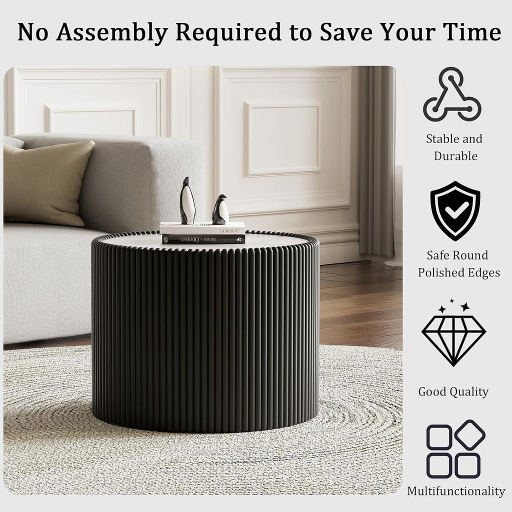 Round Coffee Table Set with Sintered Stone Tabletop, 29.52' White Drum Center Table and 17.71' Black Coffee Table Set, 2 Pieces Living Room Table Set with Fluted PU Leather Cover& Stable Base