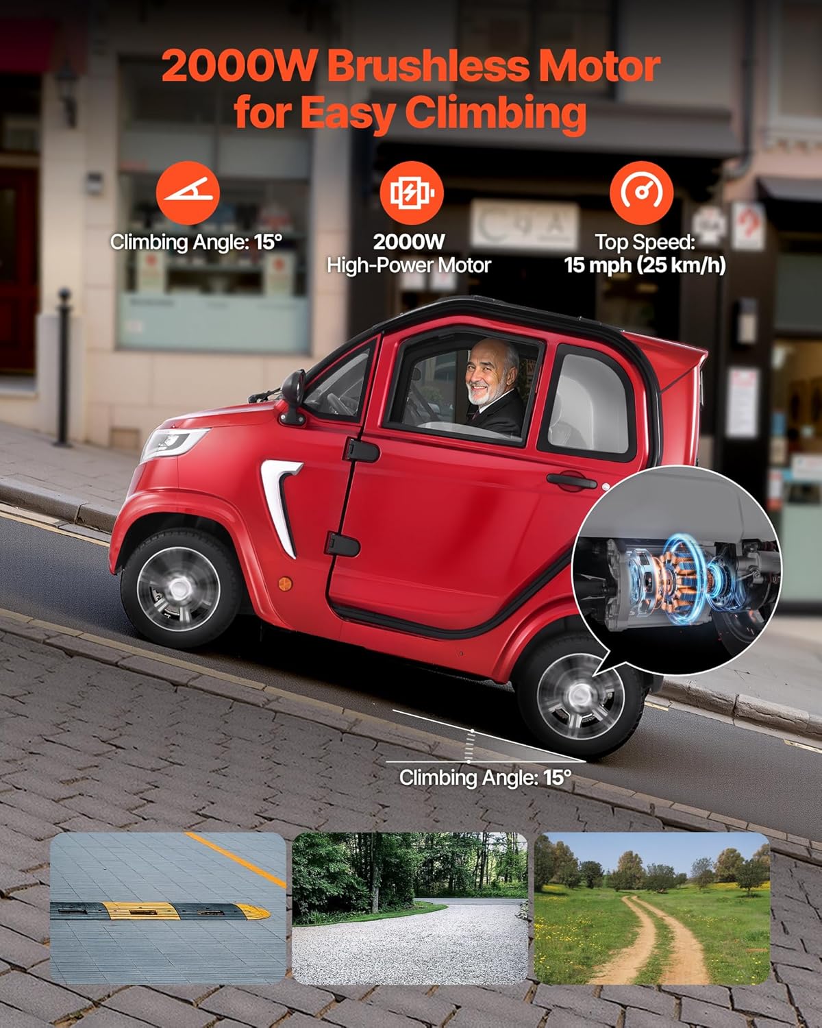 VEVOR 4-Wheel Enclosed Mobility Scooter for Seniors Adults, 660lbs Capacity, 3-Seater 2000W Electric Recreational Mobility Scooter 45 Miles Long Range, Remote Unlock, All-Terrain for Touring Shopping