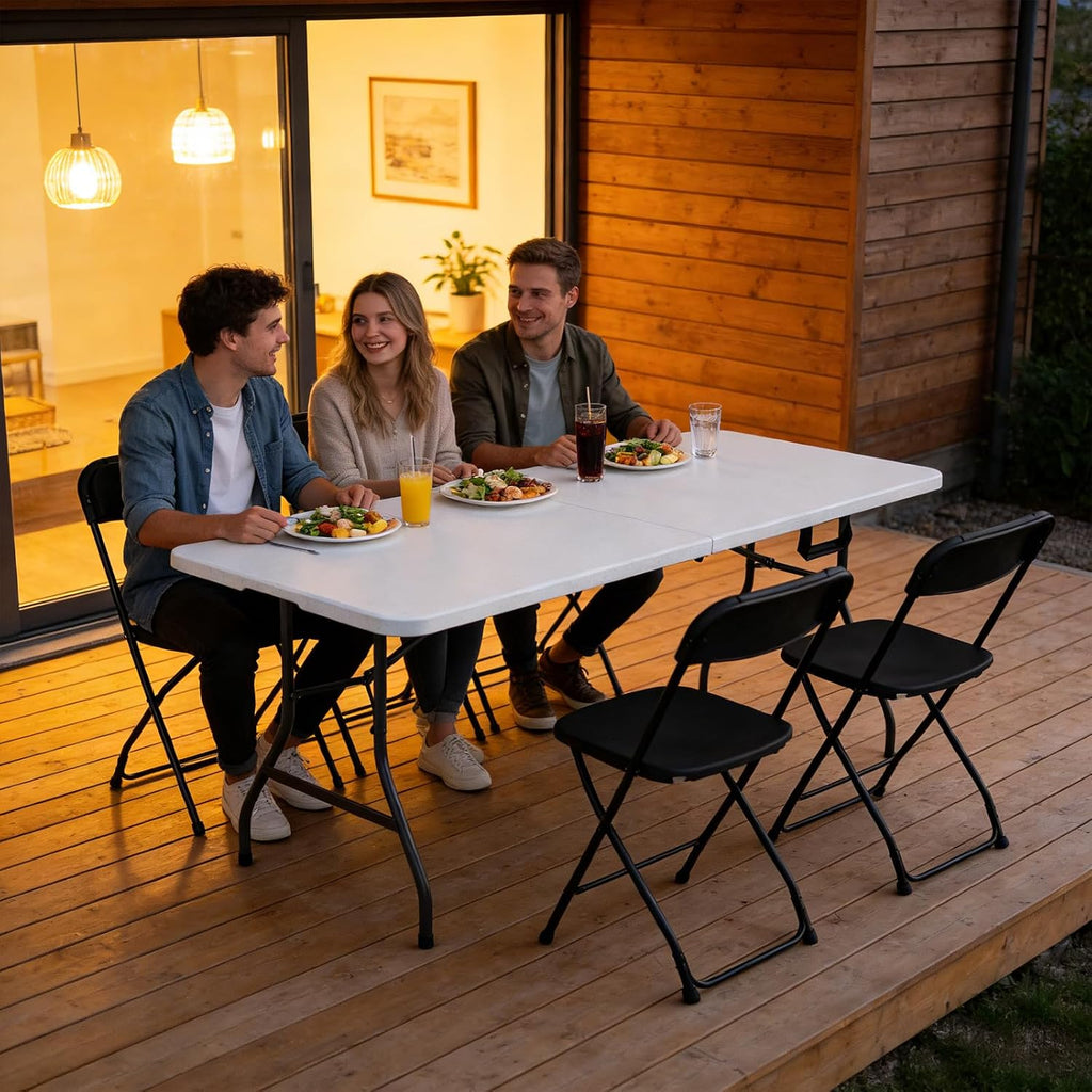 6FT Folding Table, Heavy Duty Plastic Fold-in-Half Utility Table with Handle, Portable Camping Picnic Table with Steel Legs for Indoor Outdoor Party, Dining, White,2 Pack