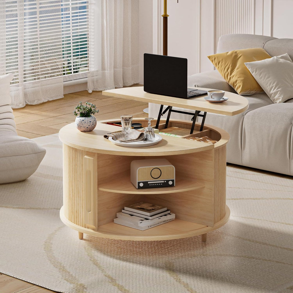 Round Lift Top Coffee Table, 31.5' Fluted Wood Lift Up Center Table with Sliding Door & Hidden Storage – Mid Century Modern Circle Coffee Table for Living Room, Apartmentm, Home Office (Natural)