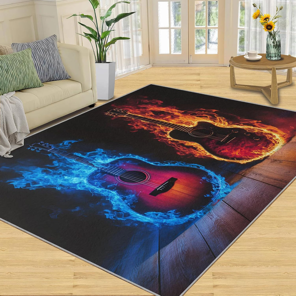 Guitar Rug 5x7-5x7 Rug, Ice and Fire Area Rugs for Living Room, Passion Rock Washable Area Mat for Bedroom, Musical Instrument Carpet, Boys Room Carpet - Guitar Home Decor & Gift