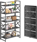 4NM 5 Tiers No Assembly Book Shelves, 51.2' H Folding Bookshelf Bookcase Open Industrial Foldable Shelves for Bedroom, Living Room, Home Office - All Black