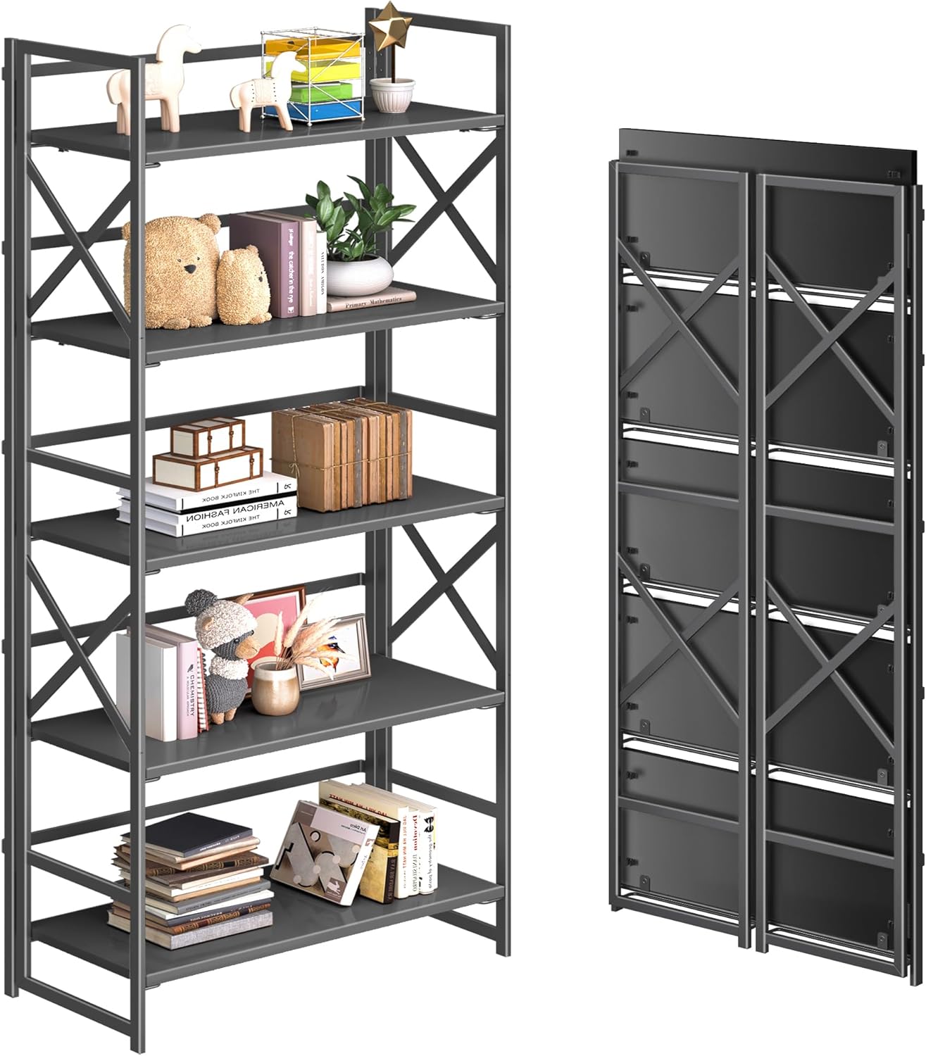 4NM 5 Tiers No Assembly Book Shelves, 51.2' H Folding Bookshelf Bookcase Open Industrial Foldable Shelves for Bedroom, Living Room, Home Office - All Black