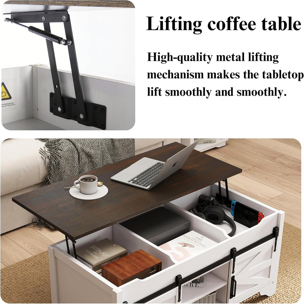 48' W Lift Top Coffee Table with Sliding Barn Door Rustic Rectangle Storage Coffee Tables, Wood Center Table with Hidden Storage Compartment for Home, Office, White and Brown
