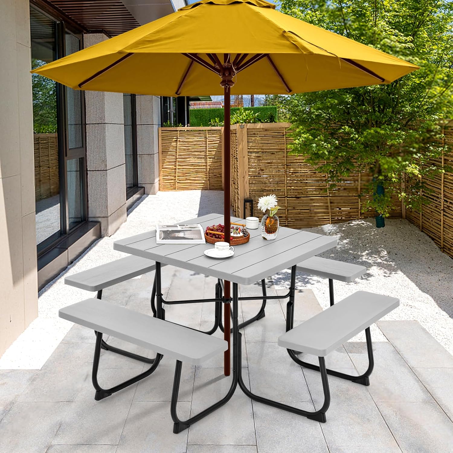 Tangkula 8 Person Picnic Table, Outdoor Square Picnic Table with 4 Built-in Benches, Umbrella Hole, Metal Frame & HDPE Tabletop, Outside Table and Bench Set for Backyard, 2300lbs Weight Capacity