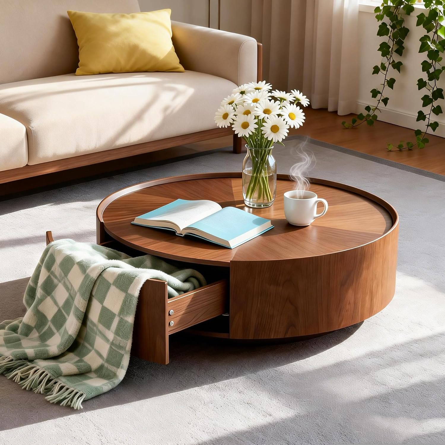 SSLine 35.4-Inch Round Coffee Table with Storage Drawers,Fully Assembled Wooden Coffee Table with Solid Wood Veneered Mid-Century Modern Cocktail Center Tables for Living Room Office Apartment,Walnut