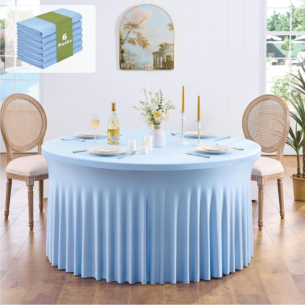 leegleri 6 Pack Baby Blue Spandex Round Tablecloths for 60 inch Table, Stretchy 120inch Fitted 5FT Round Table Cloths, Wrinkle Free Table Cover with Skirt for Wedding Party Dining Banquet
