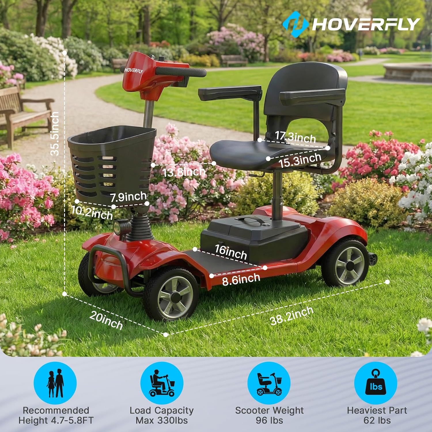 Hoverfly T4 Mobility Scooter for Seniors, Max 12.4-Mile Range & 3.7 mph, 3-Position Seat & Anti-slip Rear Wheel, Removed Battery&Quick Fold Design, Solid 9' Tire &330 lb Capacity, Ease of Assembly Red