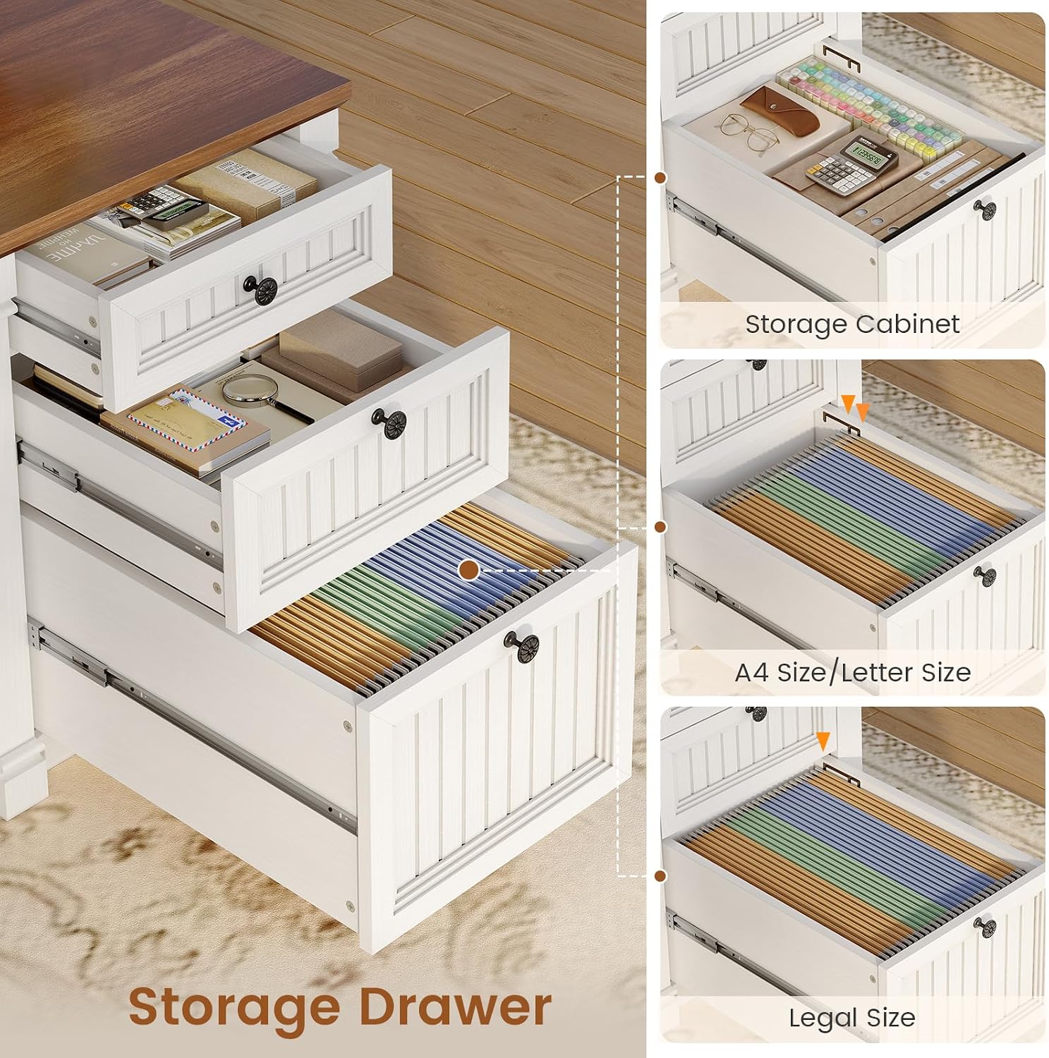 SEDETA L Shaped Desk with 4 Drawers, 67'x 67' Executive Home Office Desk with File Drawers & Storage Cabinet, Corner Computer Desk with Power Strip for Bedroom, Brown+White