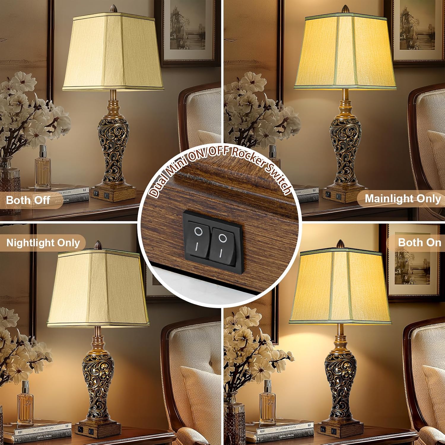 28.5'' Tall Farmhouse Vintage Table Lamp Set of 2 with Faux Silk Shade USB Ports Nightlight Decor for Bedside Living Room Bedroom Nightstands Office Home, Dark Bronze(Bulbs Included)
