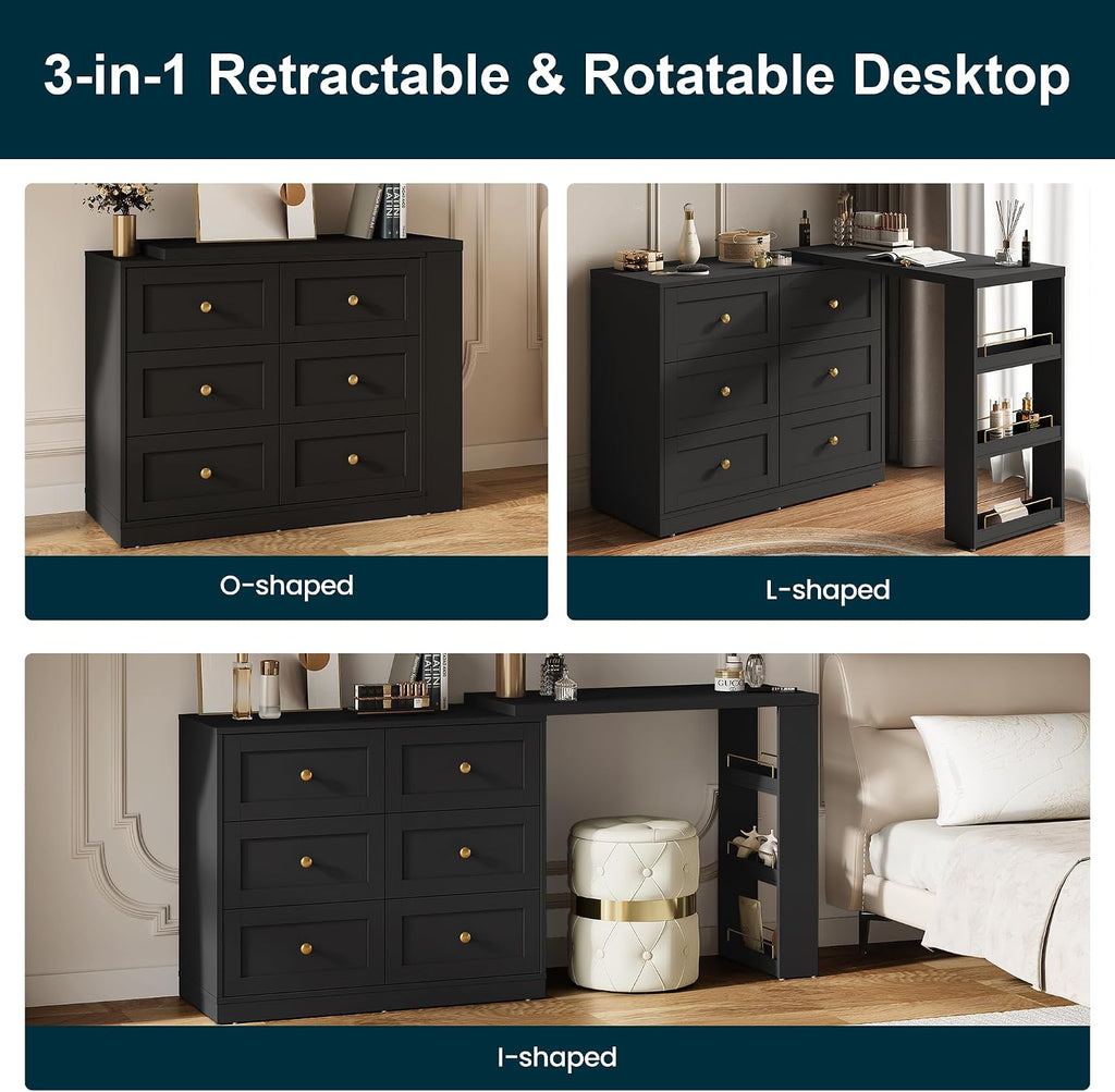 RoyalCraft Vanity Desk and Dresser Combo, 67' Extendable Big Makeup Vainty with 6 Drawer Dresser and 3 Side Shelves, Wood Corner Vanity for Bedroom, Dressing Table for Women Girlfriend, Black