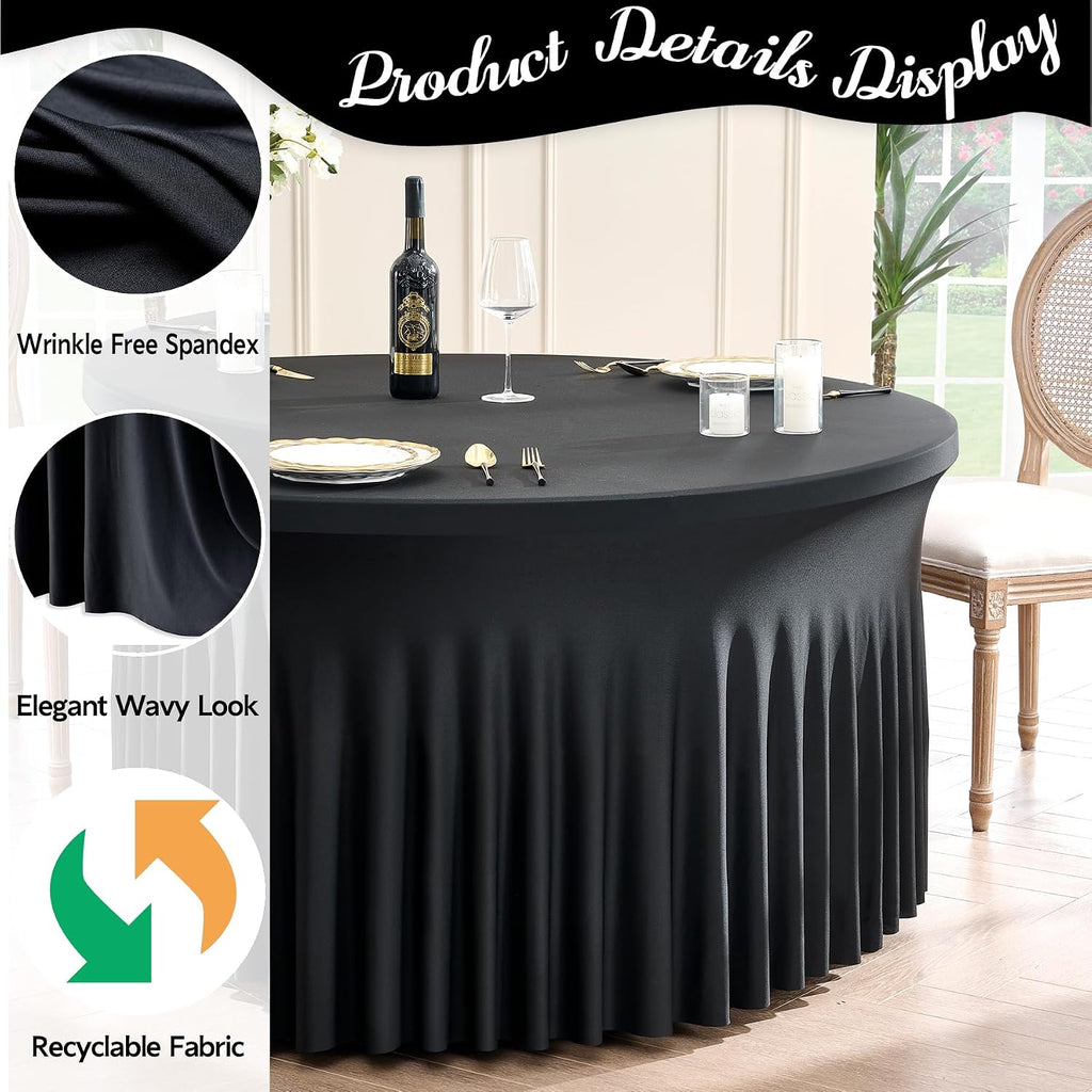leegleri 12 Pack Spandex Black Round Tablecloths for 72in Table, Stretchy 132inch Fitted 6FT Round Table Cloths, Wrinkle Free Table Cover with Skirt for Wedding Birthday Party Bridal Shower Banquet