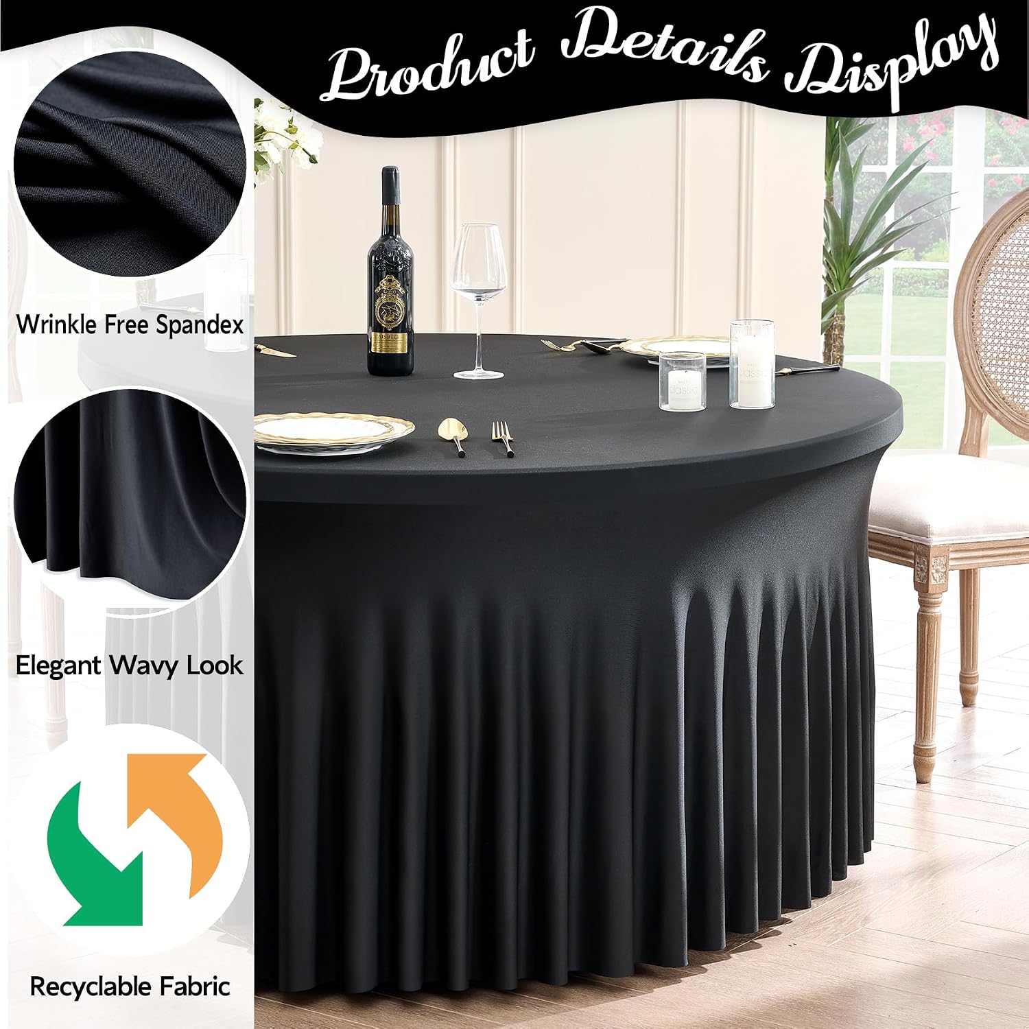 leegleri 12 Pack Spandex Black Round Tablecloths for 72in Table, Stretchy 132inch Fitted 6FT Round Table Cloths, Wrinkle Free Table Cover with Skirt for Wedding Birthday Party Bridal Shower Banquet