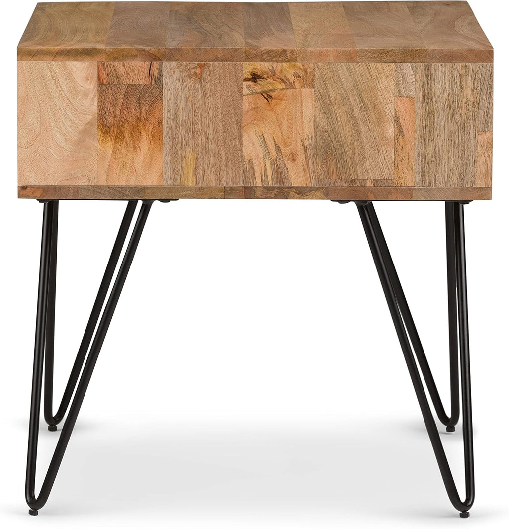 SIMPLIHOME Hunter End Table - 22 inch Wide Solid Mango Wood and Metal Square Accent Table with Open Storage Compartment and Hairpin Legs in Natural, Industrial Nightstand for Living Room or Bedroom
