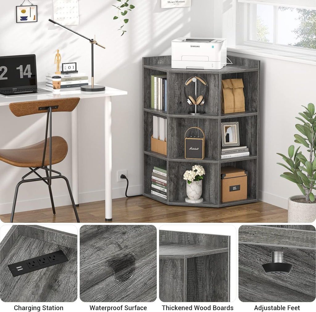 Aheaplus Corner Cabinet, Corner Storage with USB Ports and Outlets, Corner Cube Toy Storage for Small Space, Wooden Cubby Bookshelf with 9 Cubes for Playroom, Bedroom, Living Room, Grey Oak