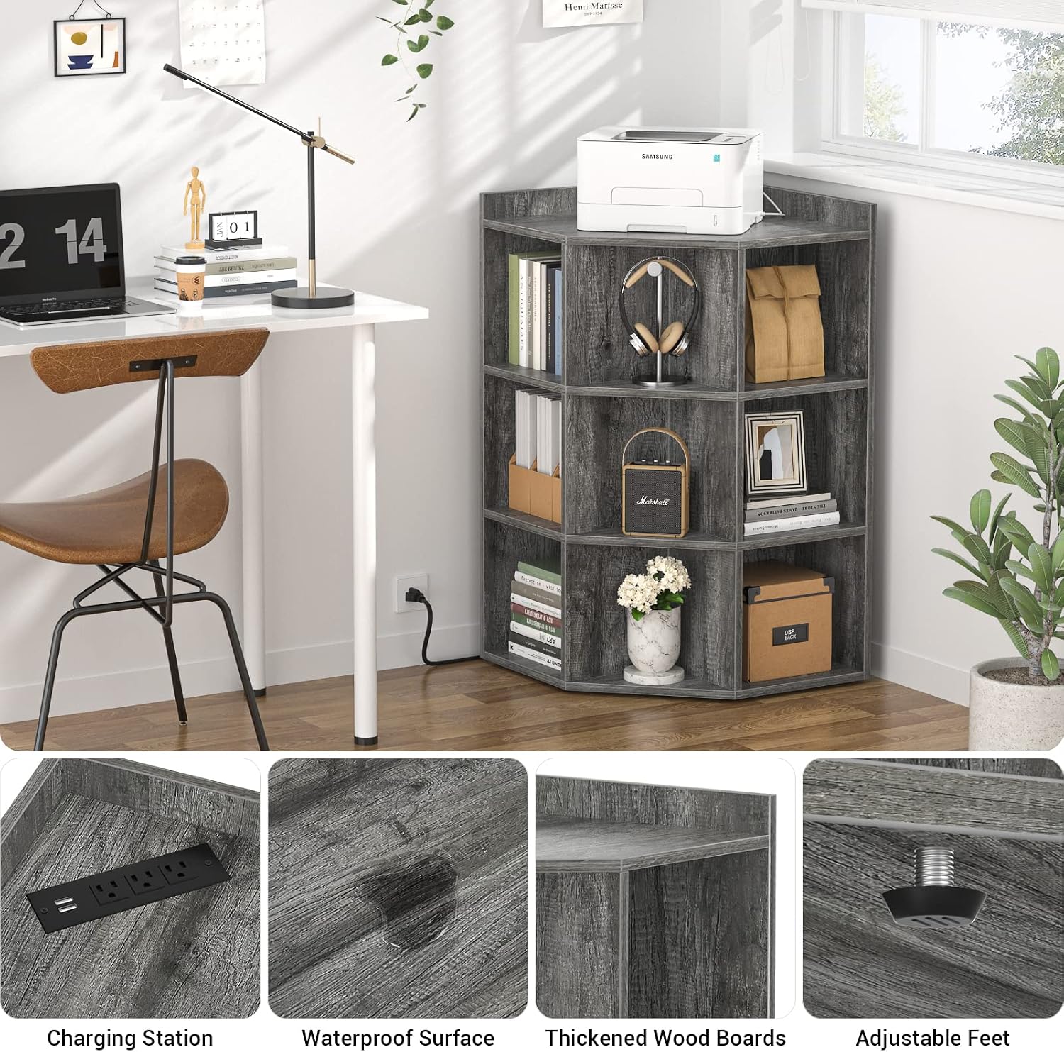 Aheaplus Corner Cabinet, Corner Storage with USB Ports and Outlets, Corner Cube Toy Storage for Small Space, Wooden Cubby Bookshelf with 9 Cubes for Playroom, Bedroom, Living Room, Grey Oak