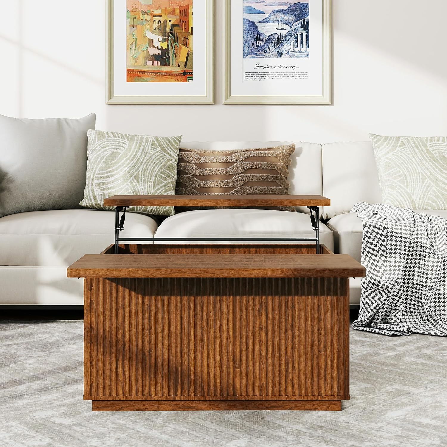 Fluted Coffee Table with Lifting Top, 31.5' Square Coffee Table with Storage, Mid Century Modern Center Table for Living Room, Home Office, Brown
