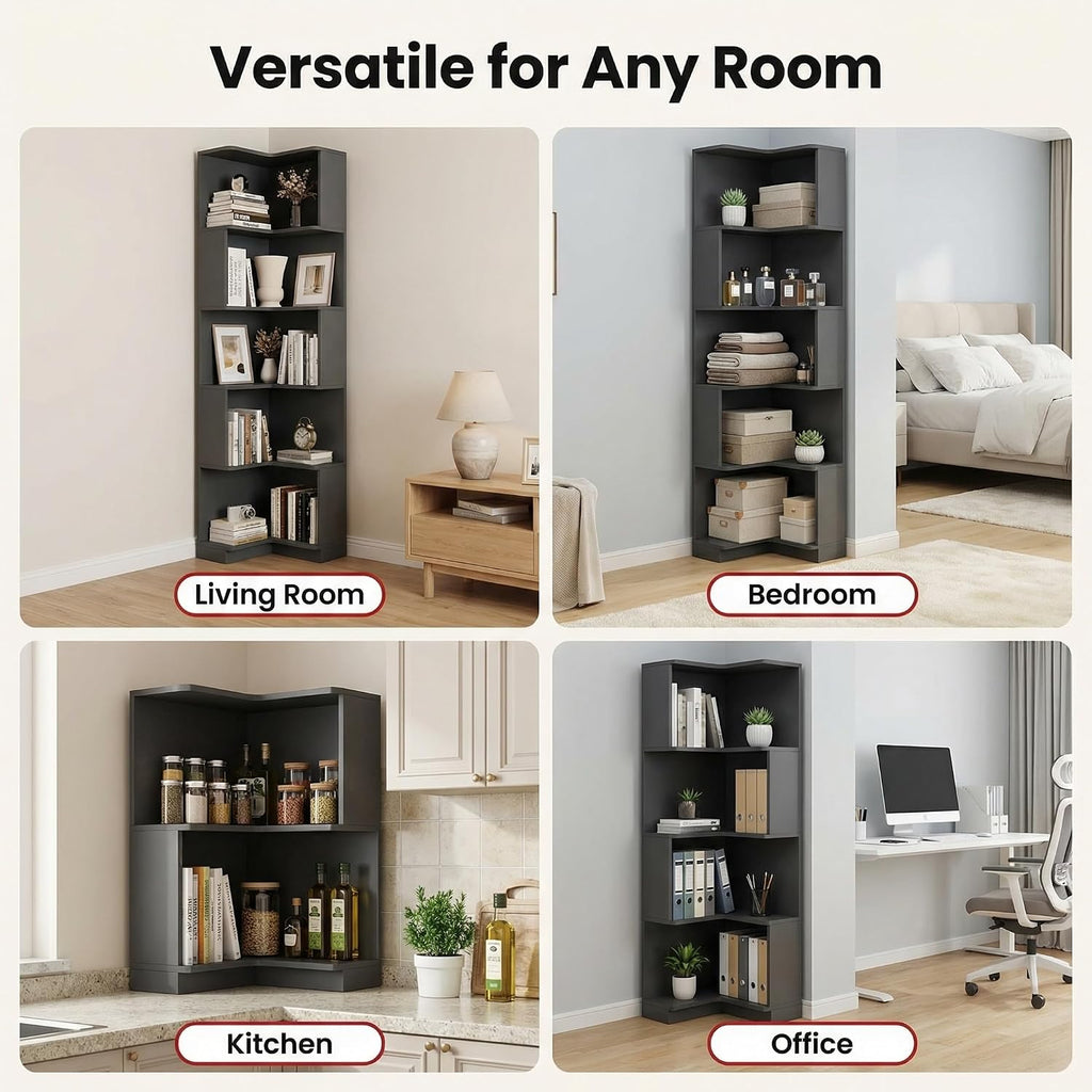Corner Bookshelf, 5 Tier Tall Corner Bookcase with LED Lights, Freestanding L Shaped Open Display Shelf for Living Room, Bedroom, Home Office (Black)