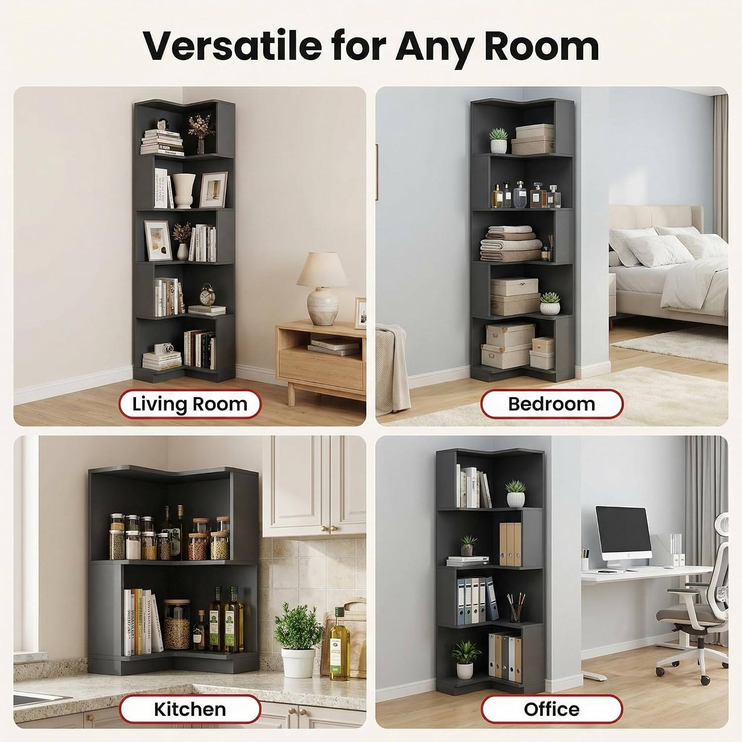 Corner Bookshelf, 5 Tier Tall Corner Bookcase with LED Lights, Freestanding L Shaped Open Display Shelf for Living Room, Bedroom, Home Office (Black)