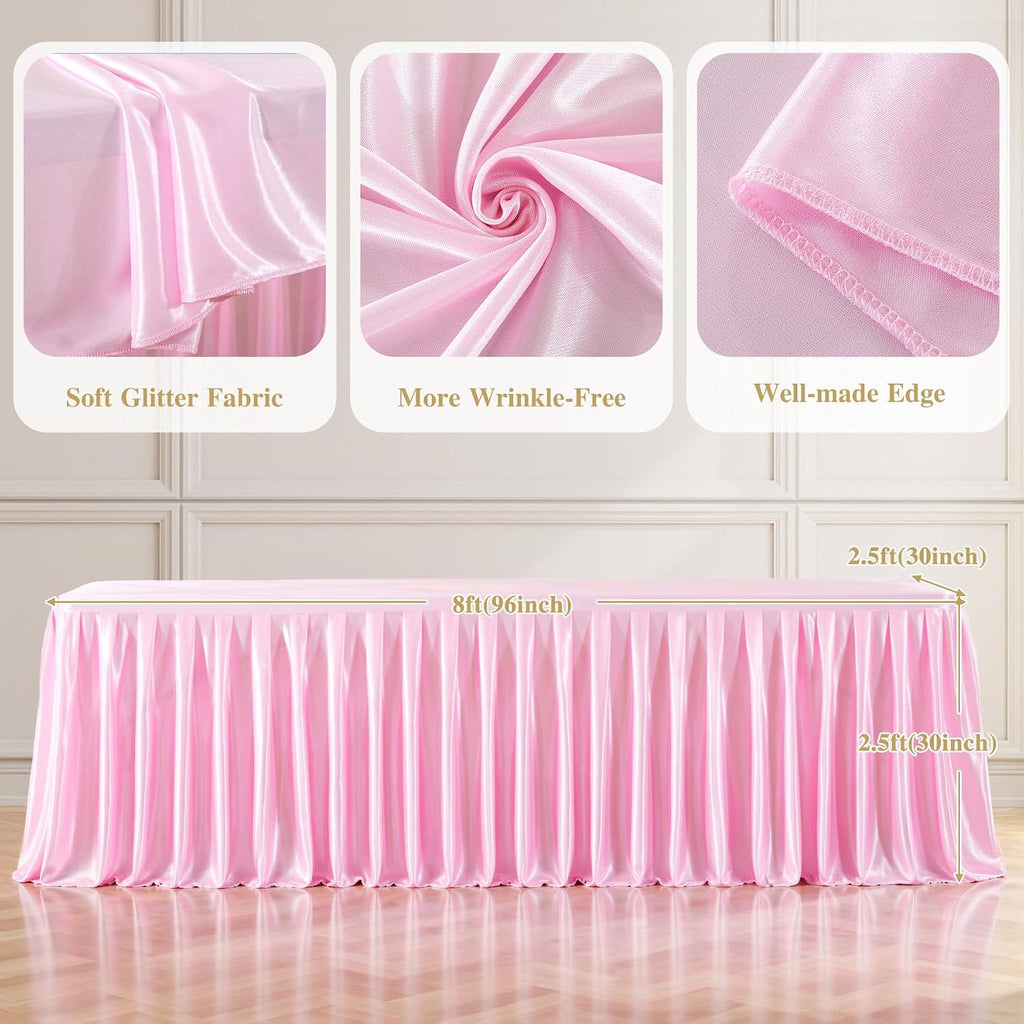 6 Pack 6FT Pink Satin Tablecloths for Rectangle Tables - Shiny Spandex Party Table Cover with Pleated Table Skirt, No-Wrinkle & Glossy Wedding Tablecloth One-Piece for Birthday Baby Shower Ceremony