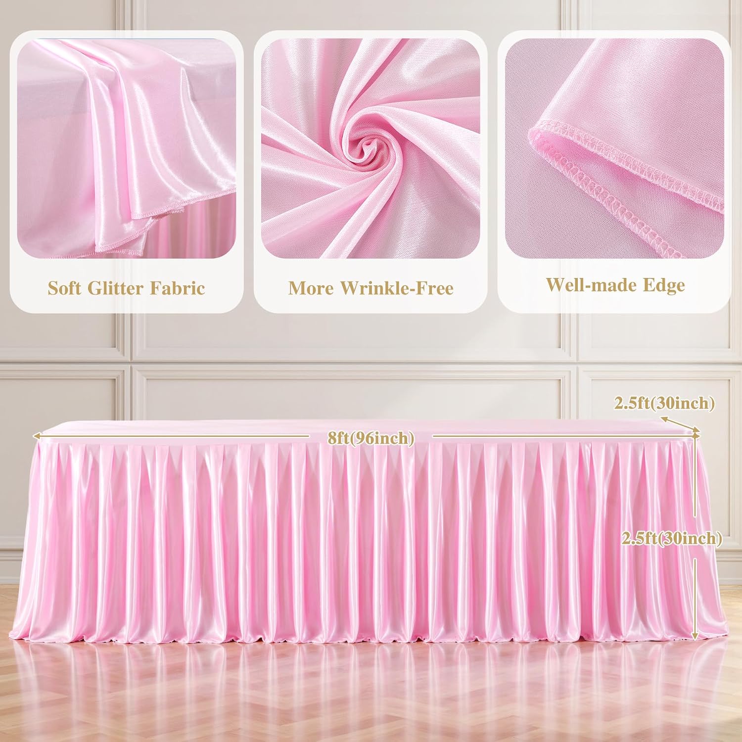 6 Pack 6FT Pink Satin Tablecloths for Rectangle Tables - Shiny Spandex Party Table Cover with Pleated Table Skirt, No-Wrinkle & Glossy Wedding Tablecloth One-Piece for Birthday Baby Shower Ceremony