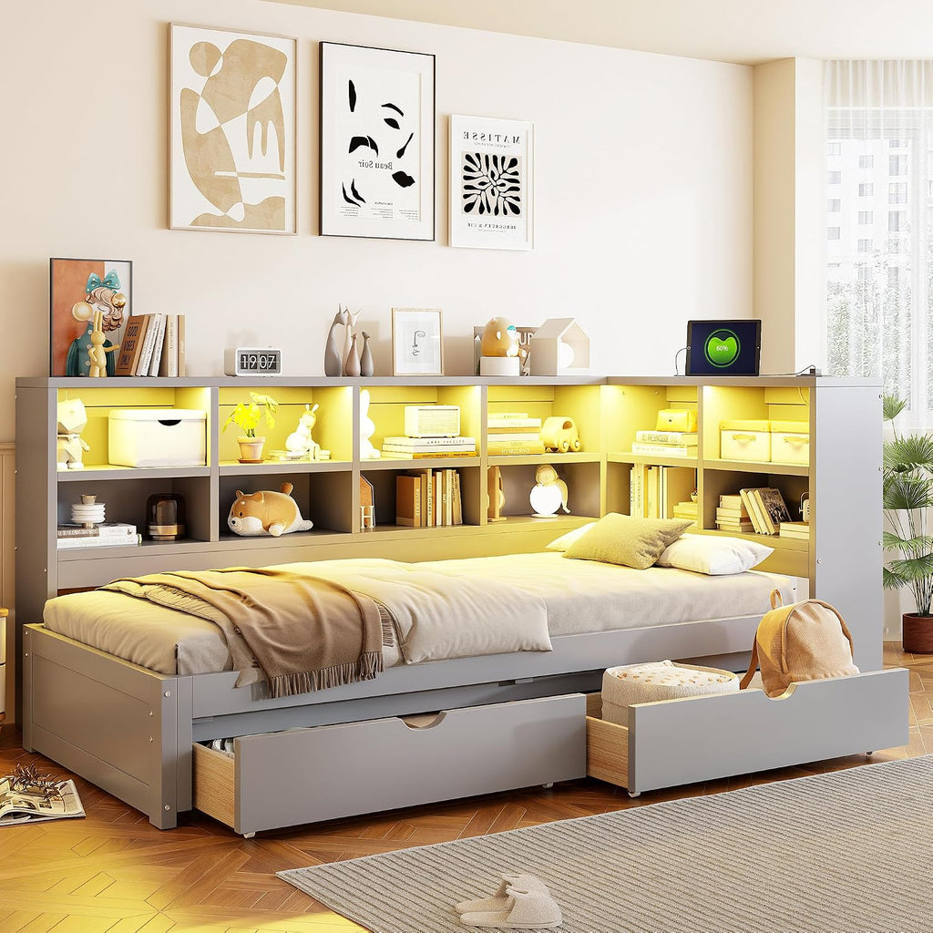 Wood Daybed Twin XL to King Size with 2 Storage Drawers and L-shaped Storage Cabinets, L-Shaped Corner Platform Bed Frame with LED Light and USB Ports for Office Living Room Bedroom (Gray-2.14)