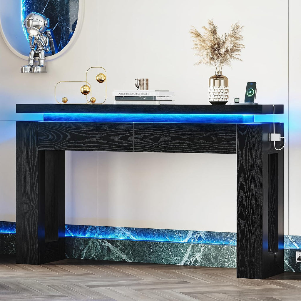 LIKIMIO Console Table with Drawers, Modern Entryway Table with LED Lights and Charging Station, Narrow Sofa Table with Storage Behind Couch for Entrance, Hallway, Living Room, Black