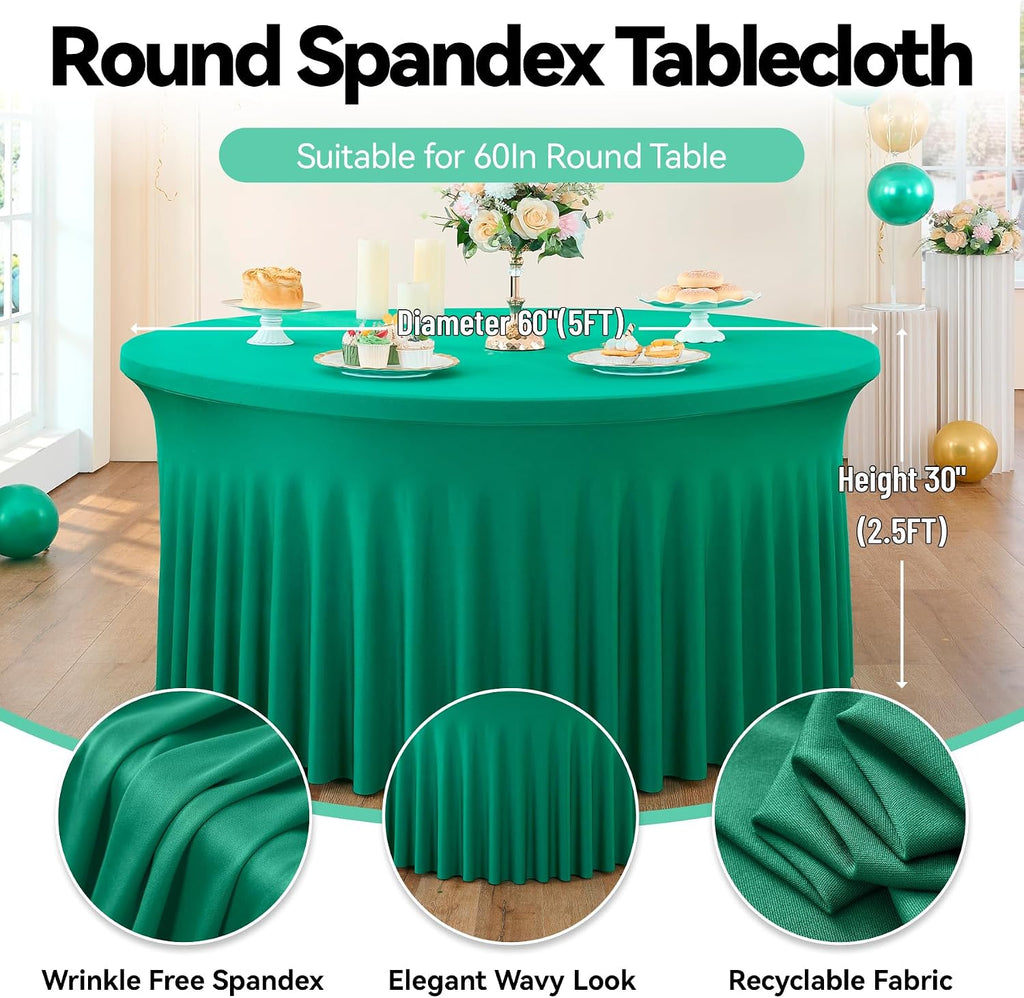 leegleri 6 Pack Emerald Spandex Round Tablecloths, Stretchy 120inch Fitted 5FT Table Cloths with Skirt for Wedding Party Dining Banquet