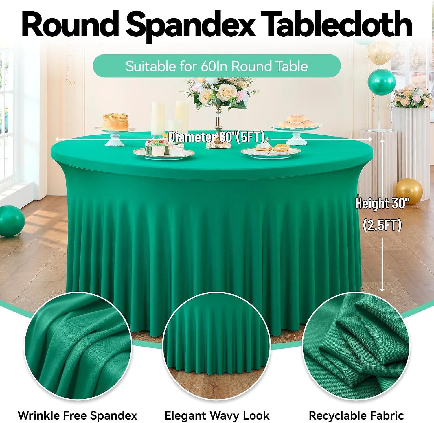 leegleri 6 Pack Emerald Spandex Round Tablecloths, Stretchy 120inch Fitted 5FT Table Cloths with Skirt for Wedding Party Dining Banquet