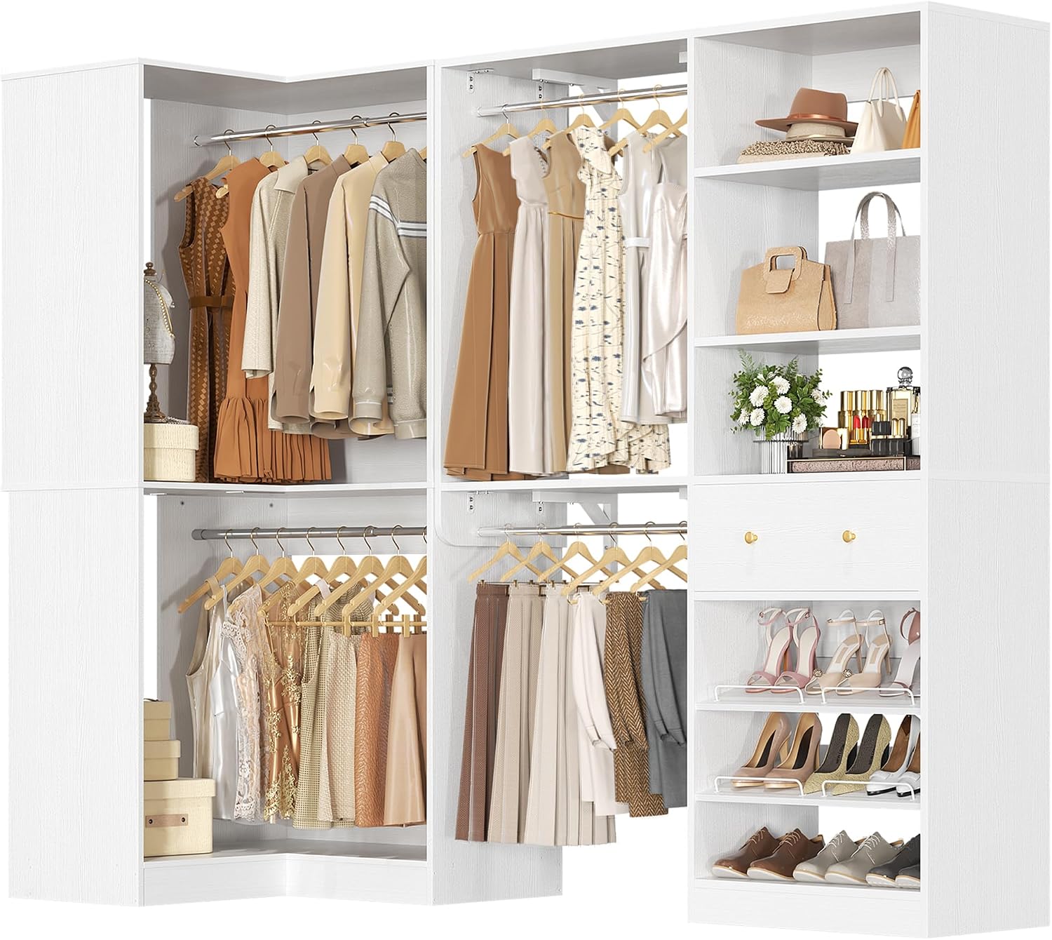 Armocity Closet System Set of 2 - Corner Closet Organizer System with Drawer/9 Shelves/4 Hanging Rods, 91.3' L-Shaped Walk-In Wardrobe Organizer, 1800+ lbs Capacity, White