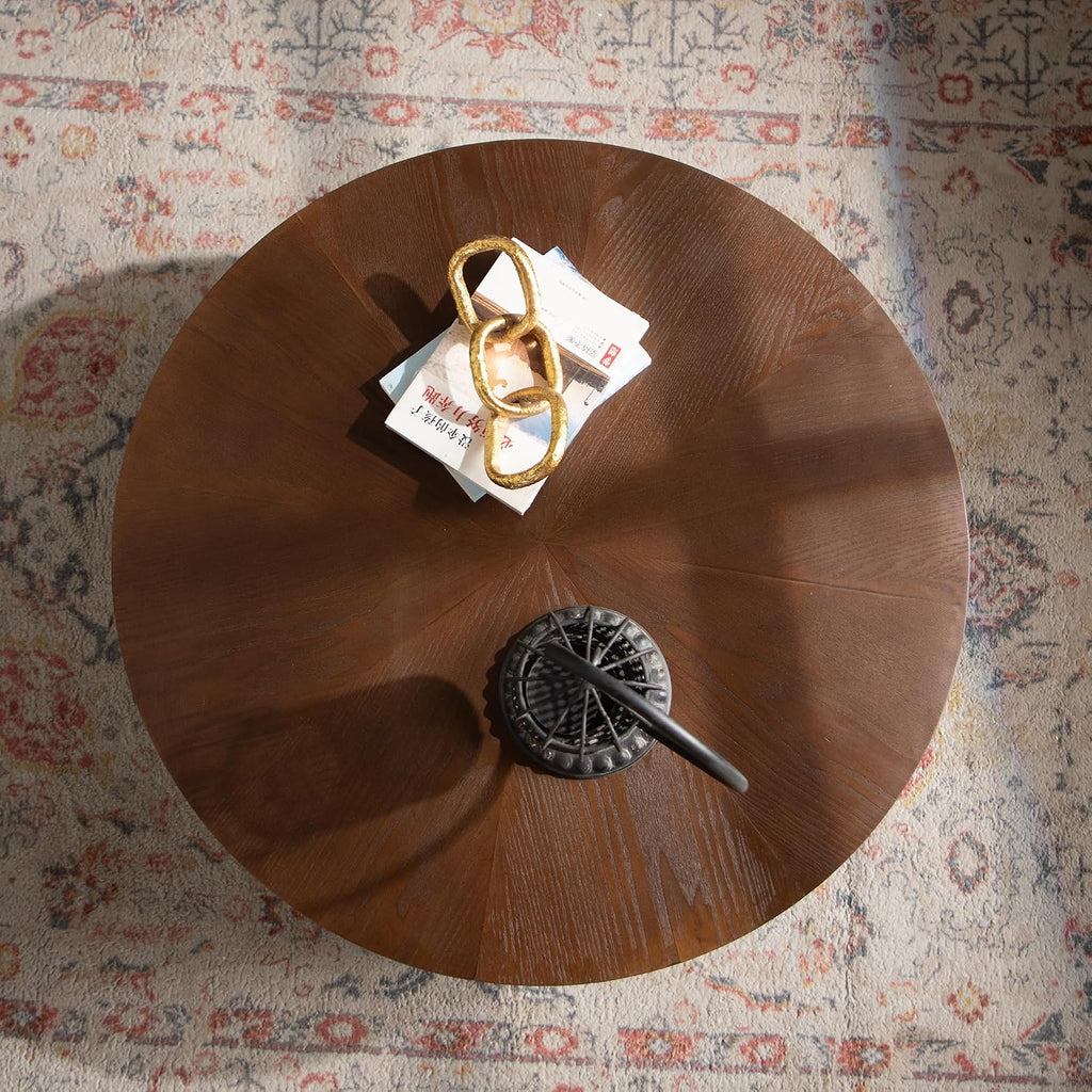 GDFStudio 30.3' Round Coffee Table with Walnut Table Tops, Bark Texture Veneer Circle Coffee Tables with Handcrafted Relief Base, Modern Living Room Side Tea Tables, No Assembly, Black+Walnut